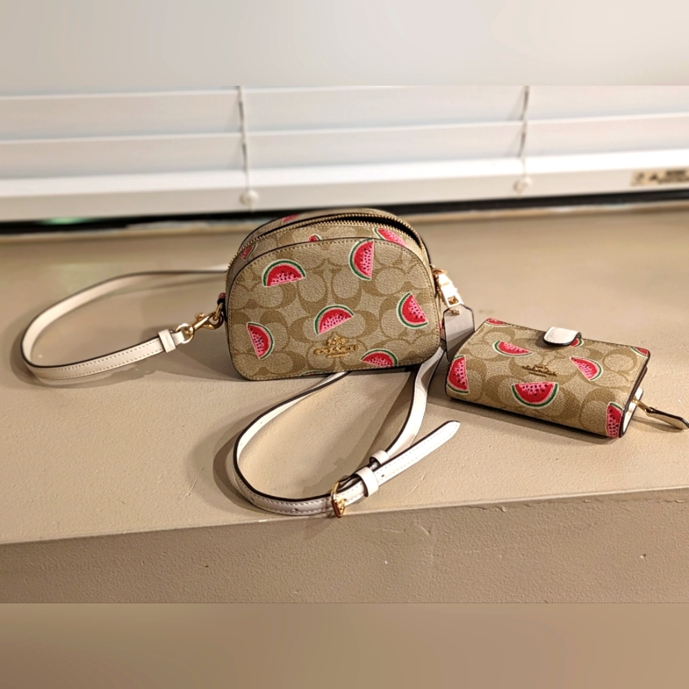 Coach Serena Mini Crossbody Bag with matching wallet. Watermelon pattern.